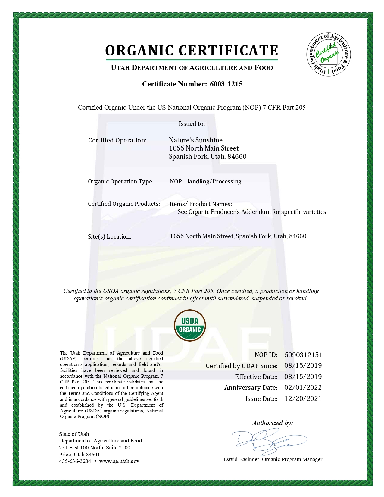 organic sertificate NSP